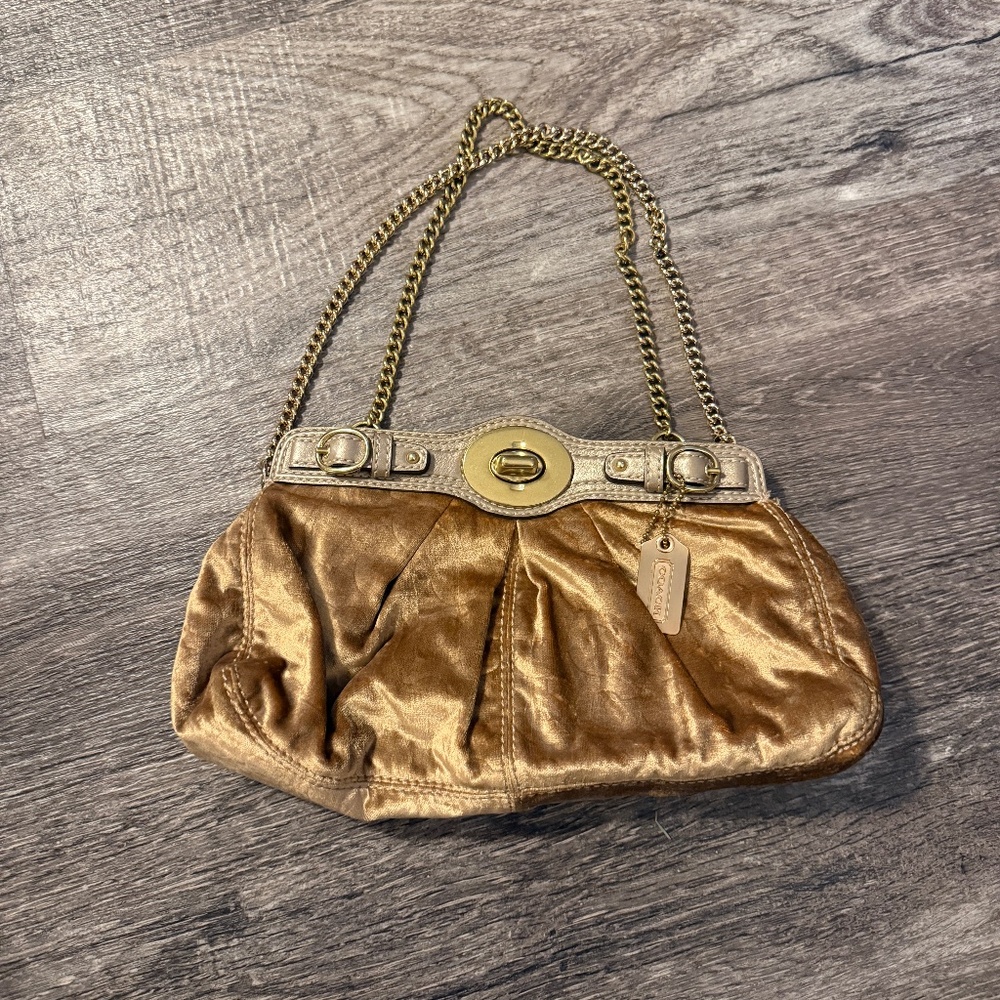 Coach Clutch / Baguette w/ Chain Gold Velvet RARE